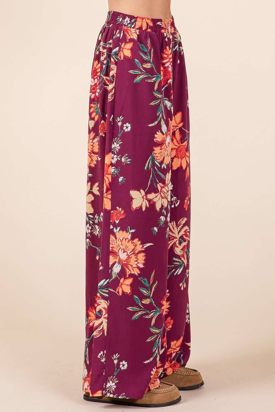 mittoshop - FLOWER PRINT ELASTIC WAIST MID RISE WIDE LEG PANTS