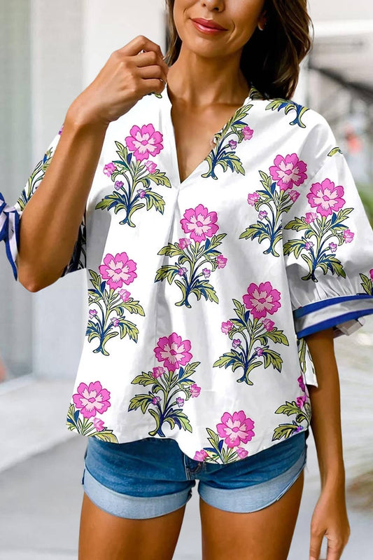 Floral Stripe Knot Bubble Sleeve V Neck Blouse