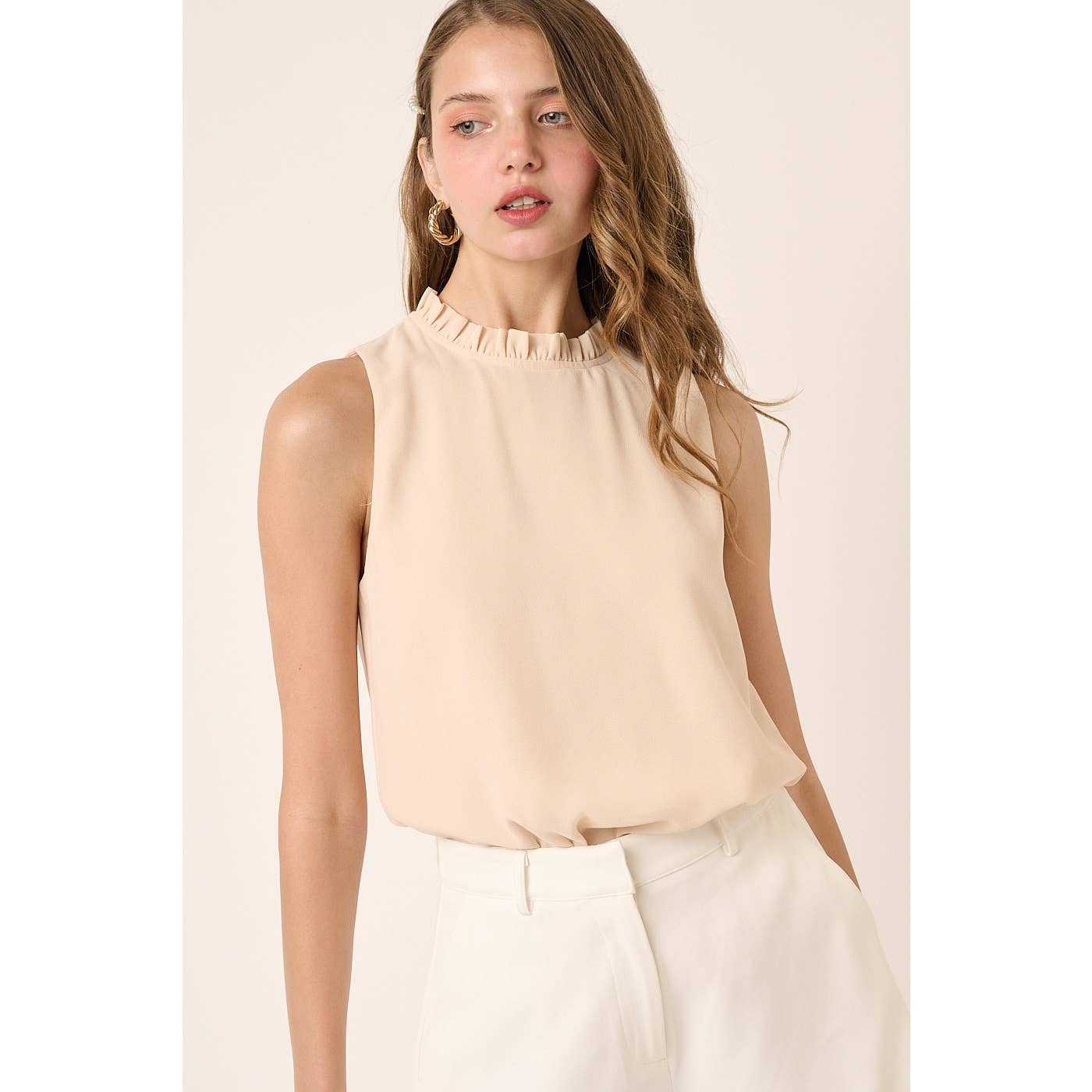 mittoshop - SOLID RUFFLE MOCK NECK SLEEVELESS BLOUSE