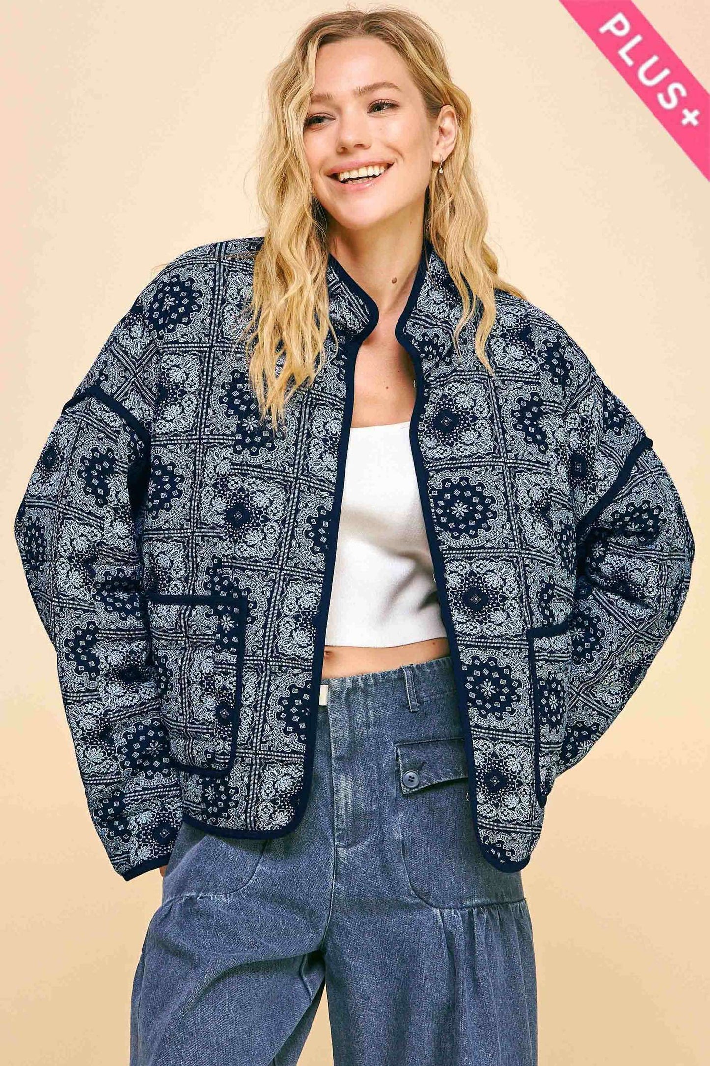 Davi & Dani - PLUS QUILTED BANDANA HIGH NECK LOOSE FIT JACKET