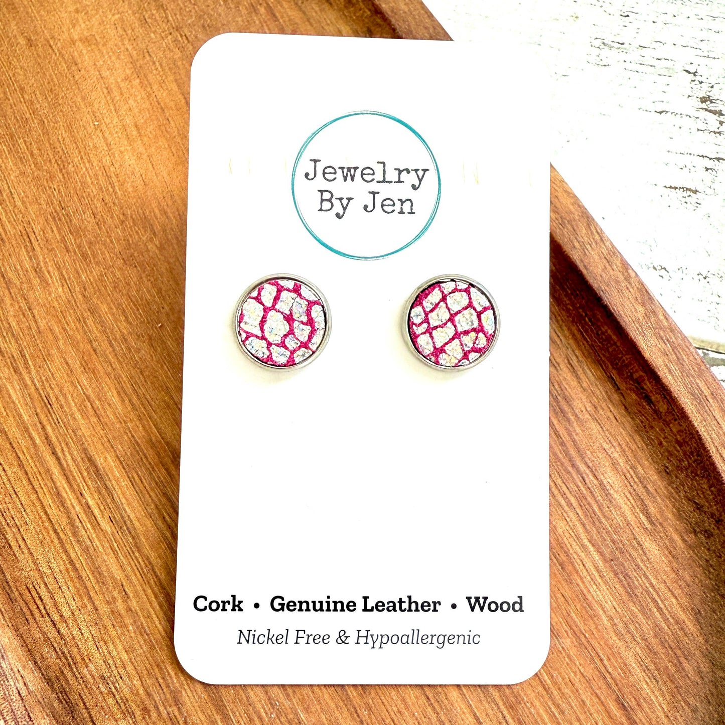 Jewelry By Jen - Stud Earrings: Pink & Silver Crackle