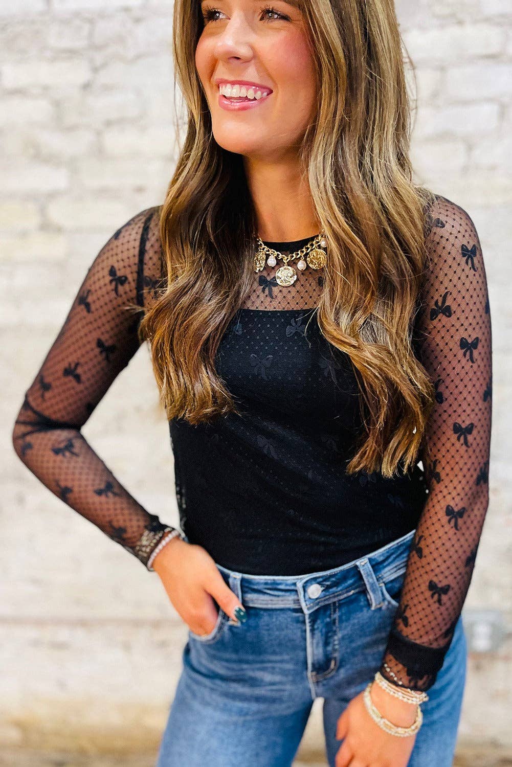 Lovesoft - Black Bow Pattern Accent Mesh Long Sleeve Top