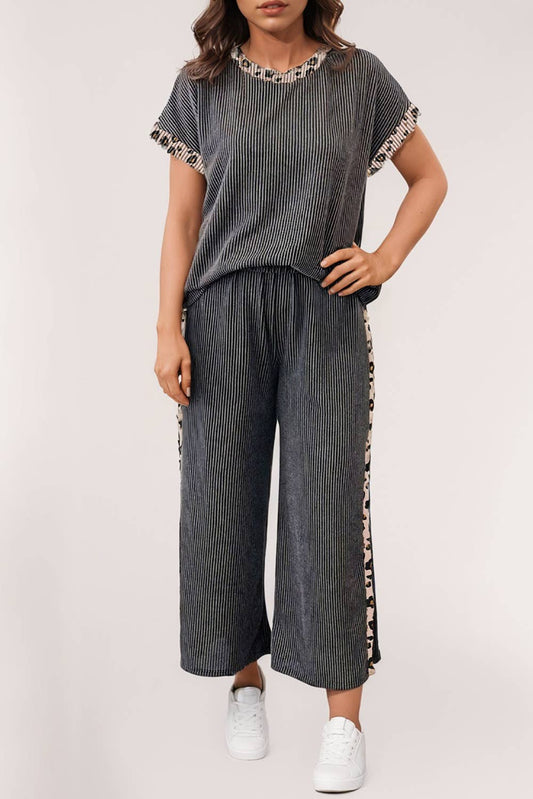 LA Society - Leopard Patchwork Edge Corded T Shirt and Pants Set