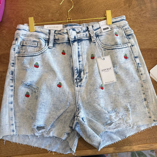 High waist cherry acid wash shorts