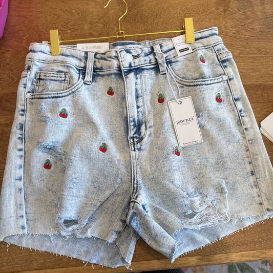 High waist cherry acid wash shorts