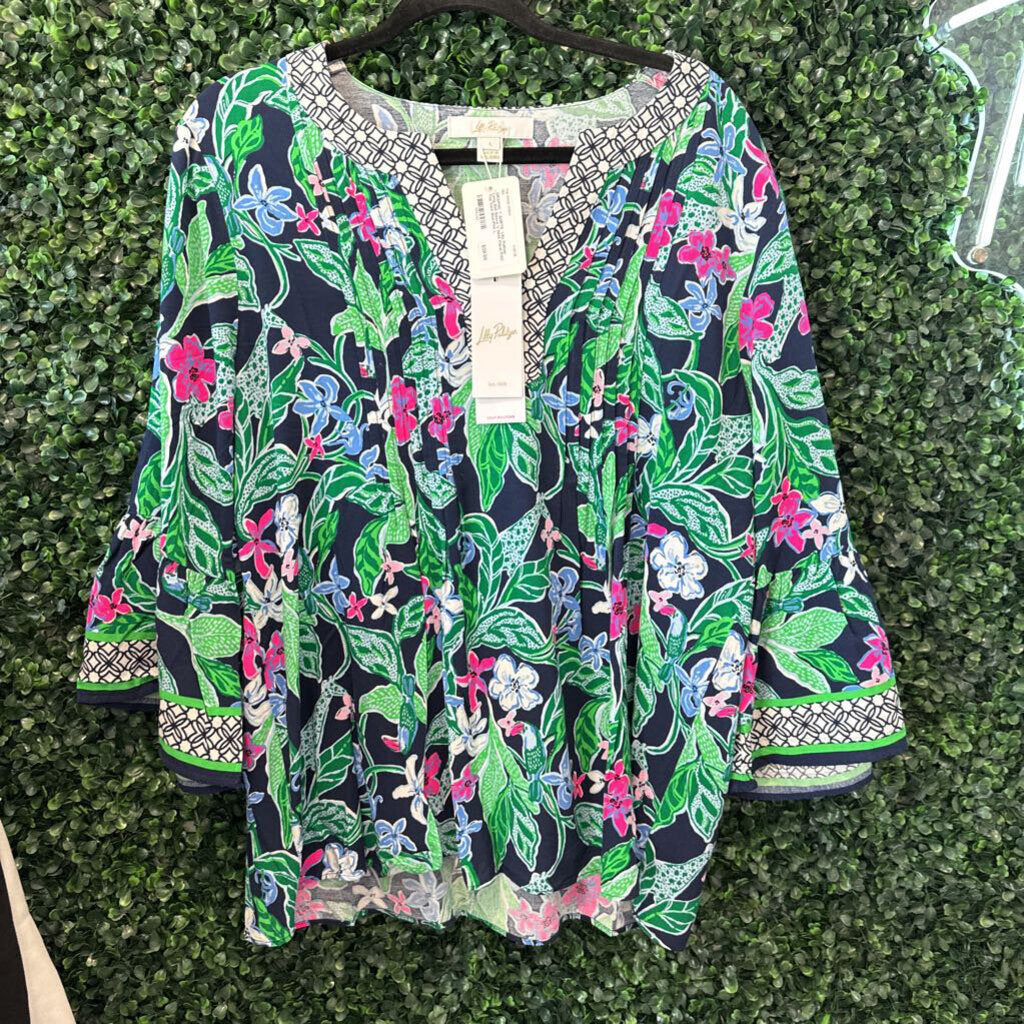 Long Bell Sleeve V Neck Floral Print Top