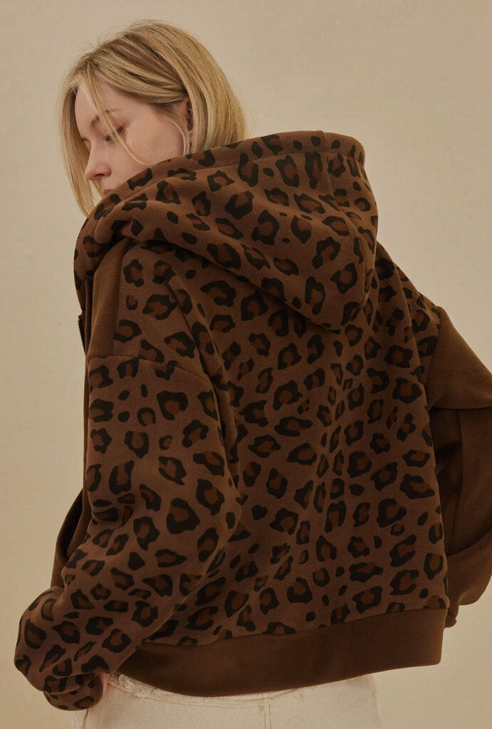 Mello Zip Up Hooded Sweatshirt with Leopard Print