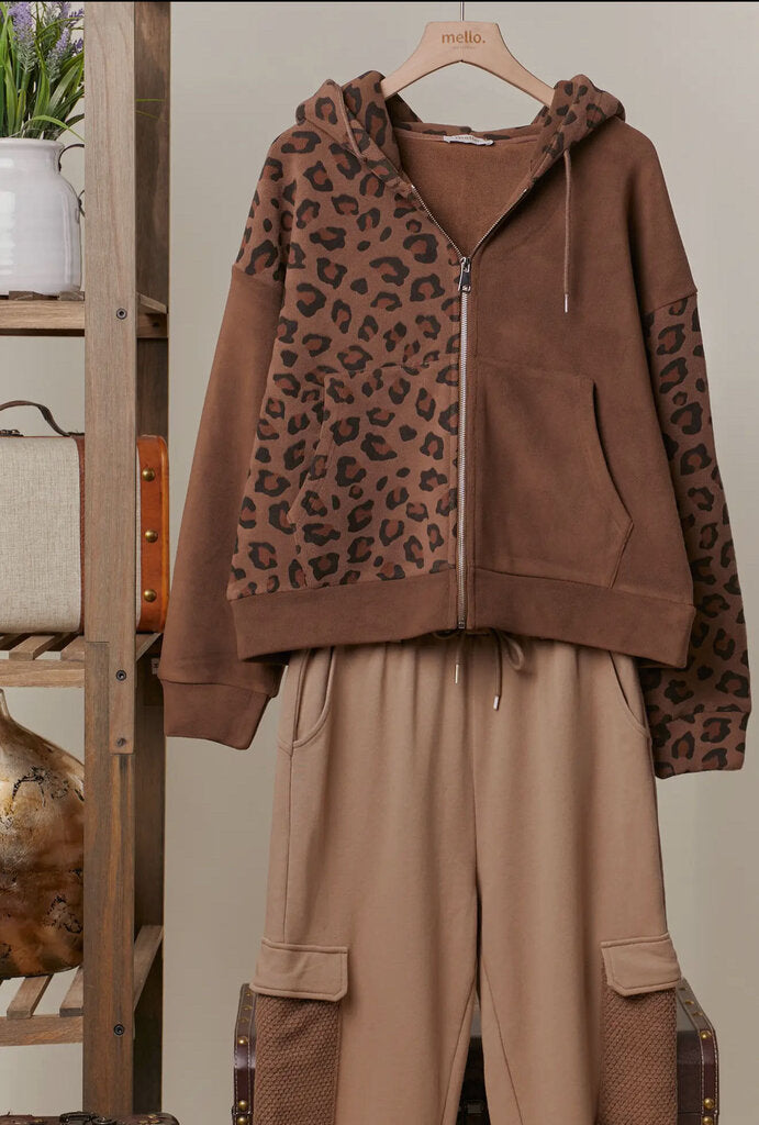 Mello Zip Up Hooded Sweatshirt with Leopard Print