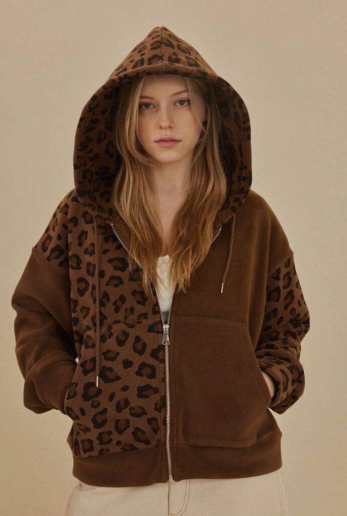 Mello Zip Up Hooded Sweatshirt with Leopard Print