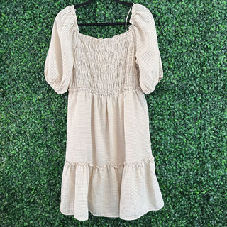 Smocked mid length gingham dress