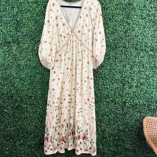 Plunge V neck floral puff sleeve linen blend dress