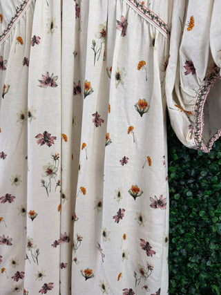 Plunge V neck floral puff sleeve linen blend dress
