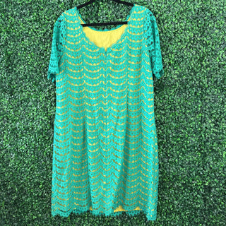 Short sleeve eyelet dress w/ gold slip
