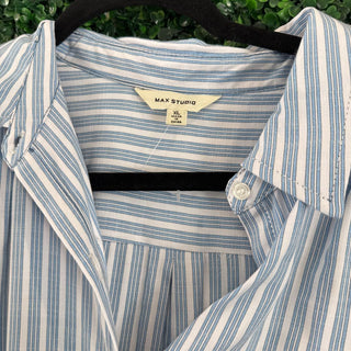 Short sleeve striped maxi button up w/ tie