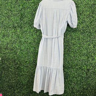 Short sleeve striped maxi button up w/ tie