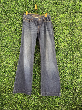Abercrombie & Fitch dark wash lower rise jeans, front view