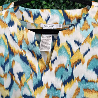 Chico's Blue, White & Teal Patterned Poncho Top – Size L/XL | Pre-Loved