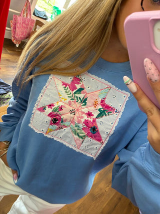 Floral Quilt Patchwork Embroidered Crewneck by Maddie Lee in blue - The White Willow Boutique