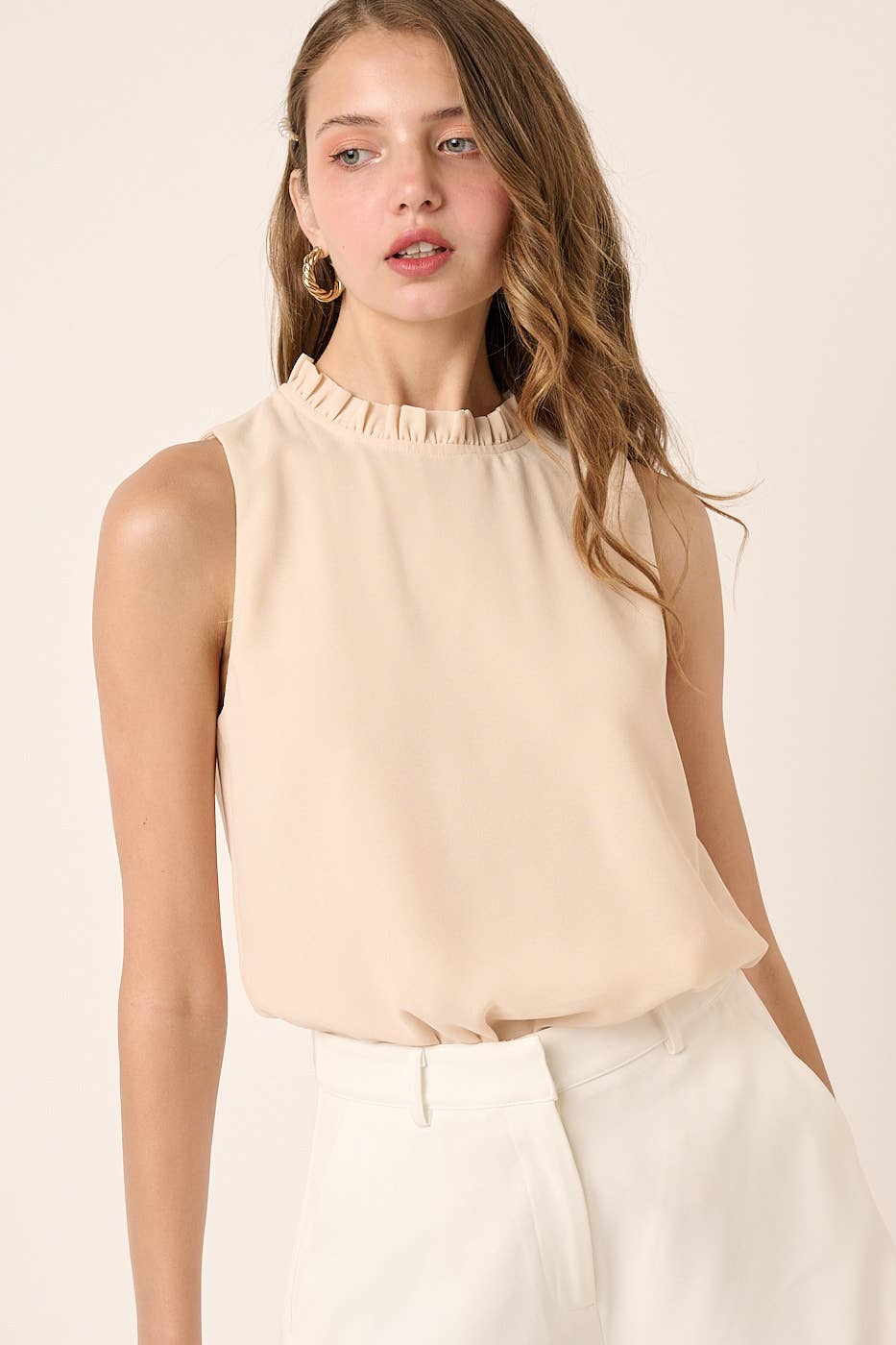 mittoshop - SOLID RUFFLE MOCK NECK SLEEVELESS BLOUSE
