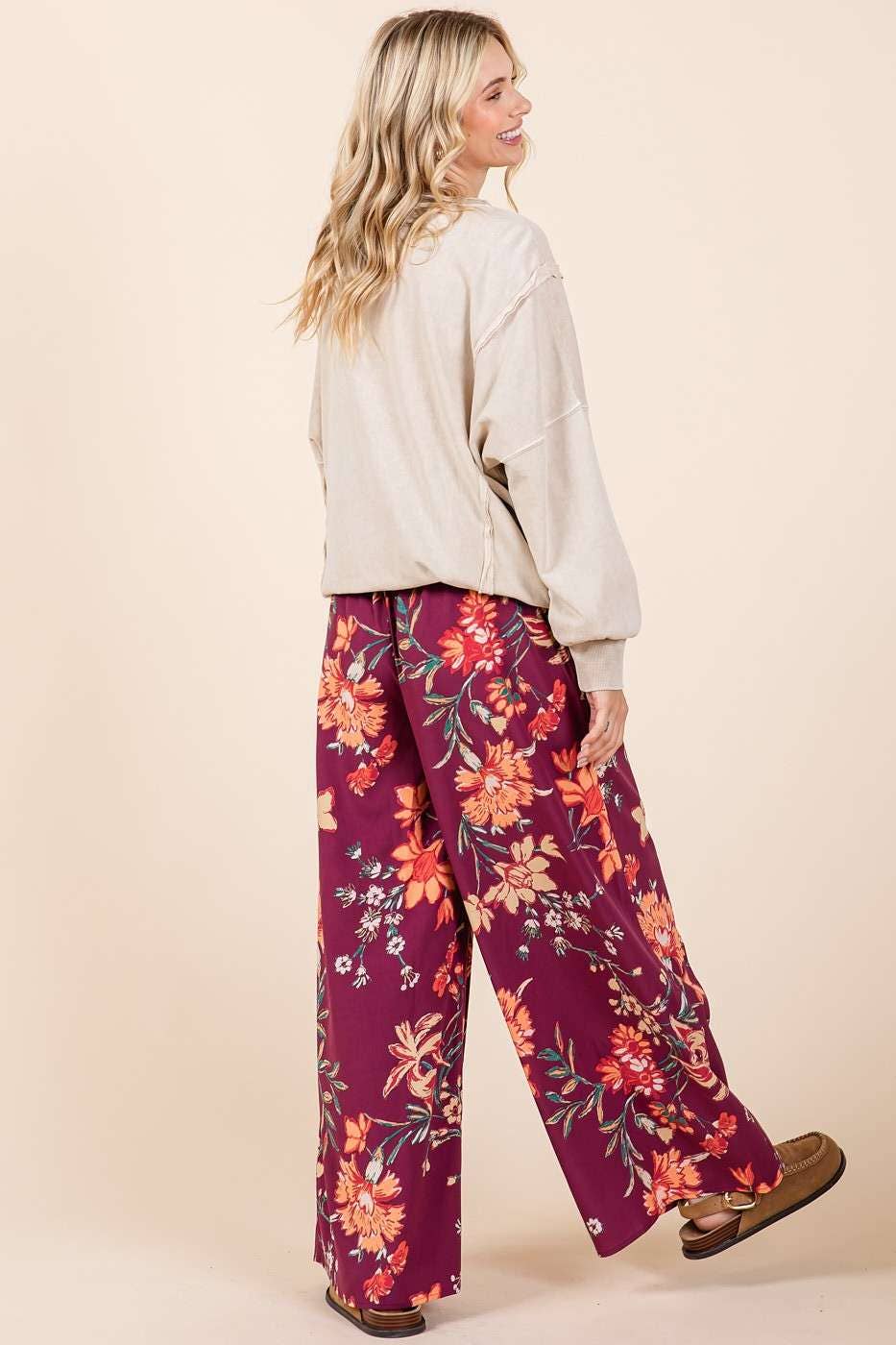 mittoshop - FLOWER PRINT ELASTIC WAIST MID RISE WIDE LEG PANTS
