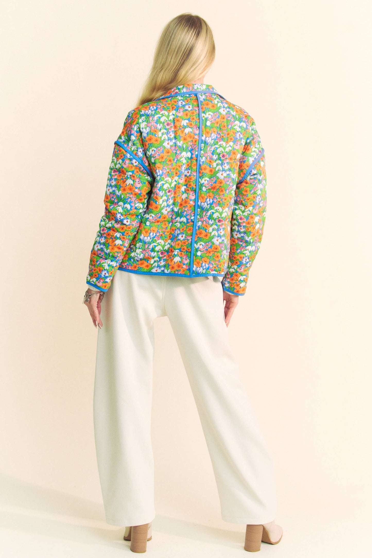Davi & Dani - RETRO FLORAL PRINT CONTRAST BINDING PADDED JACKET