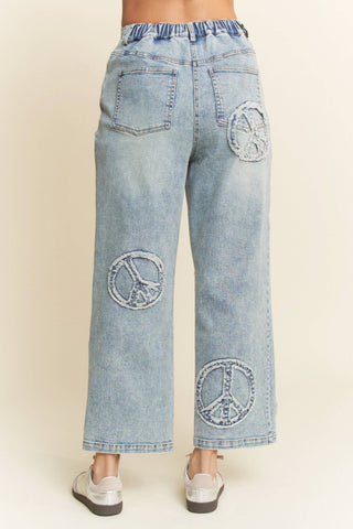 Davi & Dani plus size light denim straight fit stretch pants with peace patch graphic - The White Willow Boutique, Huntington WV
