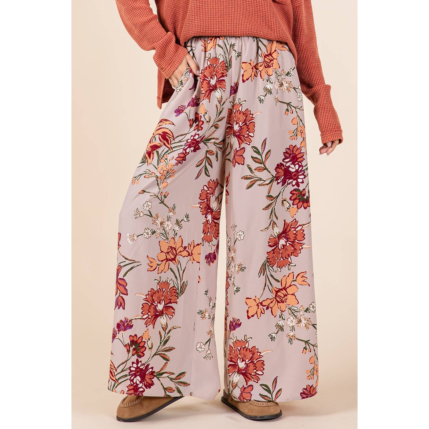 mittoshop - FLOWER PRINT ELASTIC WAIST MID RISE WIDE LEG PANTS