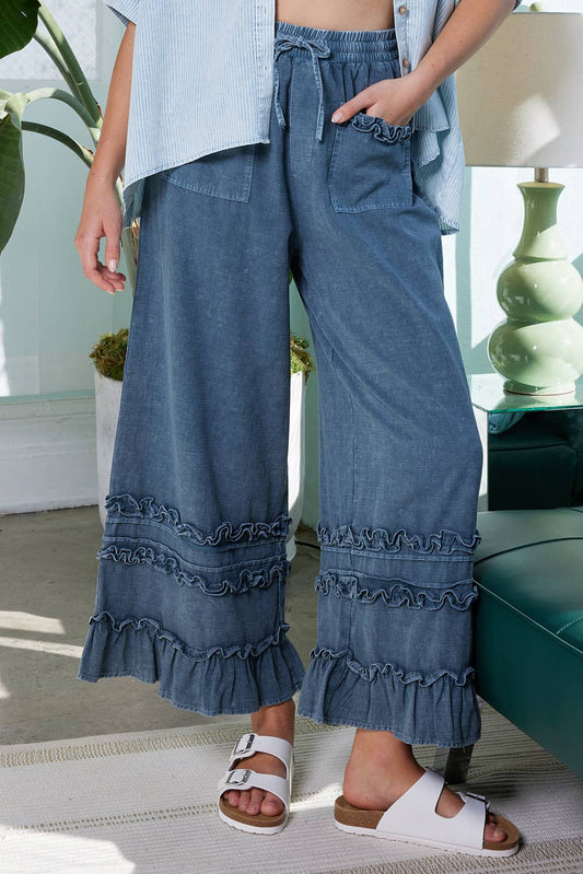 RUFFLE TRIM POCKET MINERAL WASH WIDE LEG PANTS