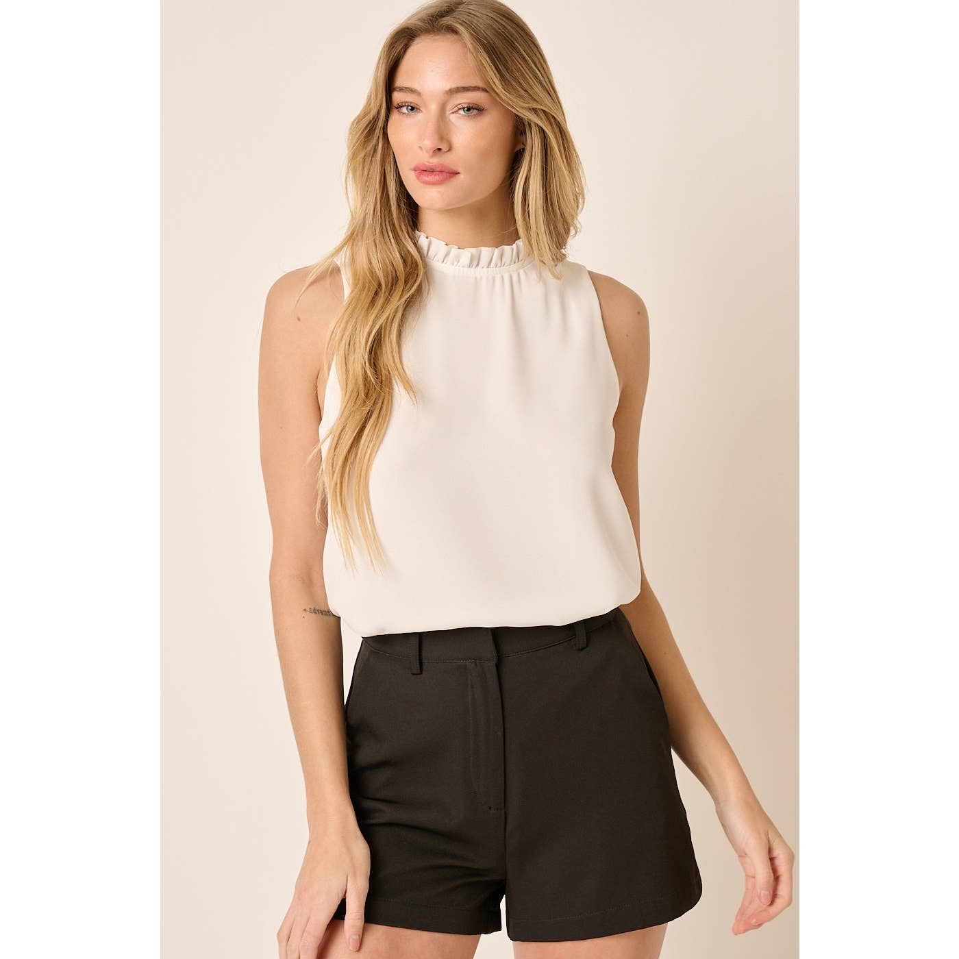 mittoshop - SOLID RUFFLE MOCK NECK SLEEVELESS BLOUSE