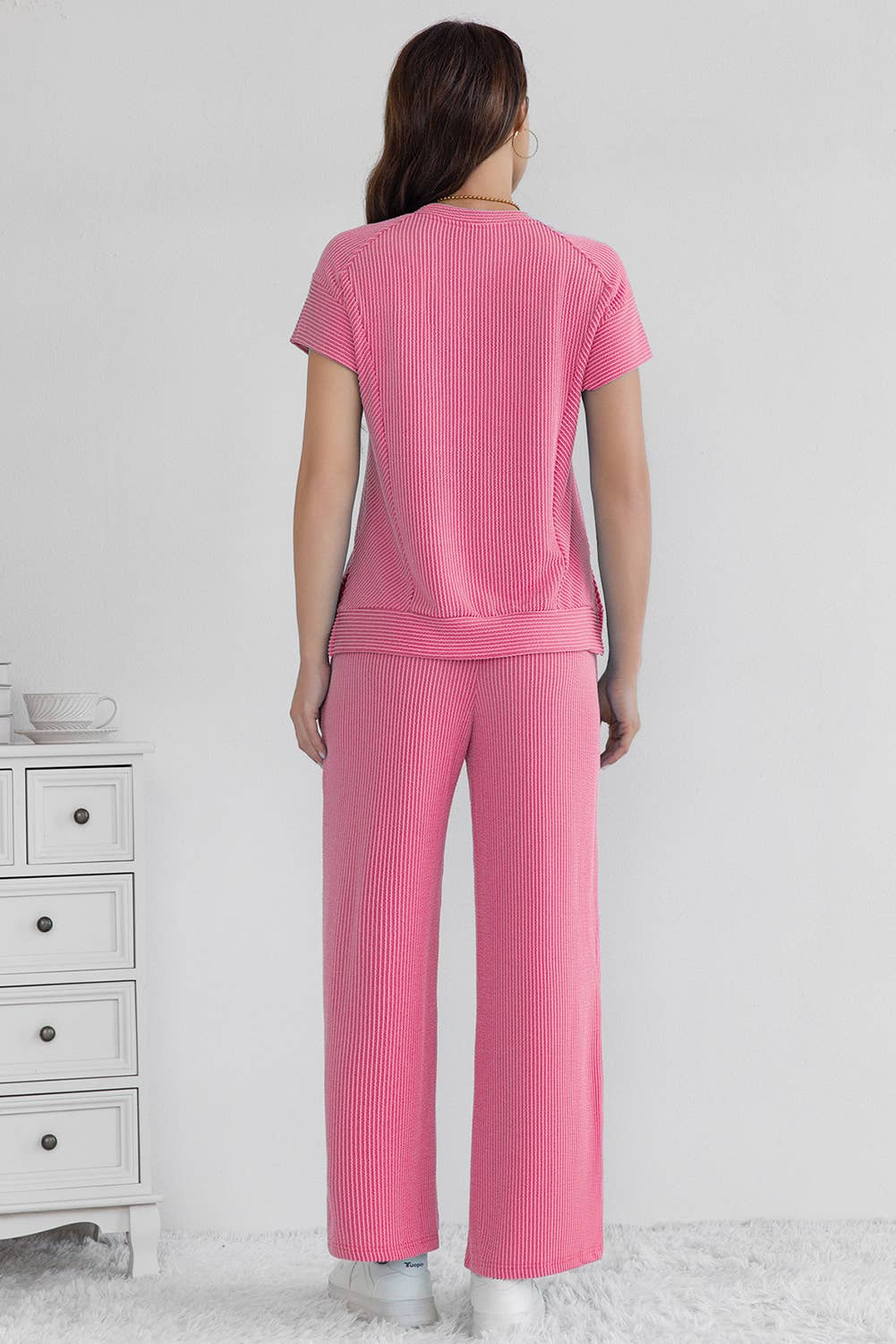 Cable Knit Short Sleeve T Shirt and Wide Leg Pants Set