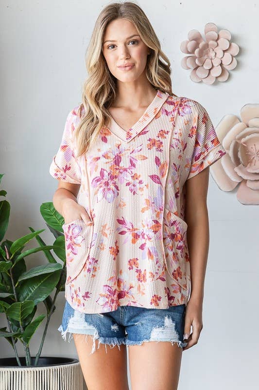 HEIMISH - ET7795-13 SHORT SLEEVE V NECK URBAN RIBBED FLROAL PRINT TOP