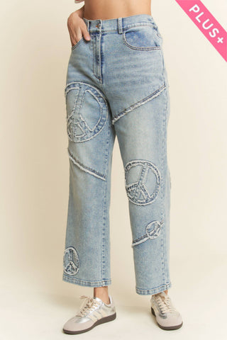 Davi & Dani plus size light denim straight fit stretch pants with peace patch graphic - The White Willow Boutique, Huntington WV