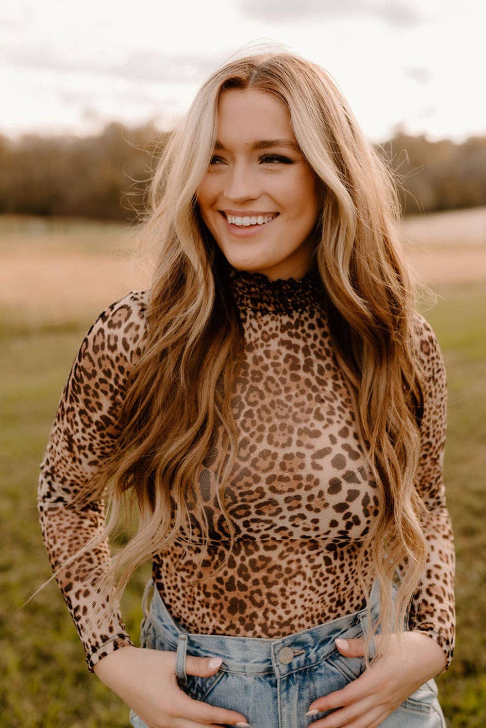 Lovesoft - Brown Leopard Smocked Neck Mesh Long Sleeve Bodysuit