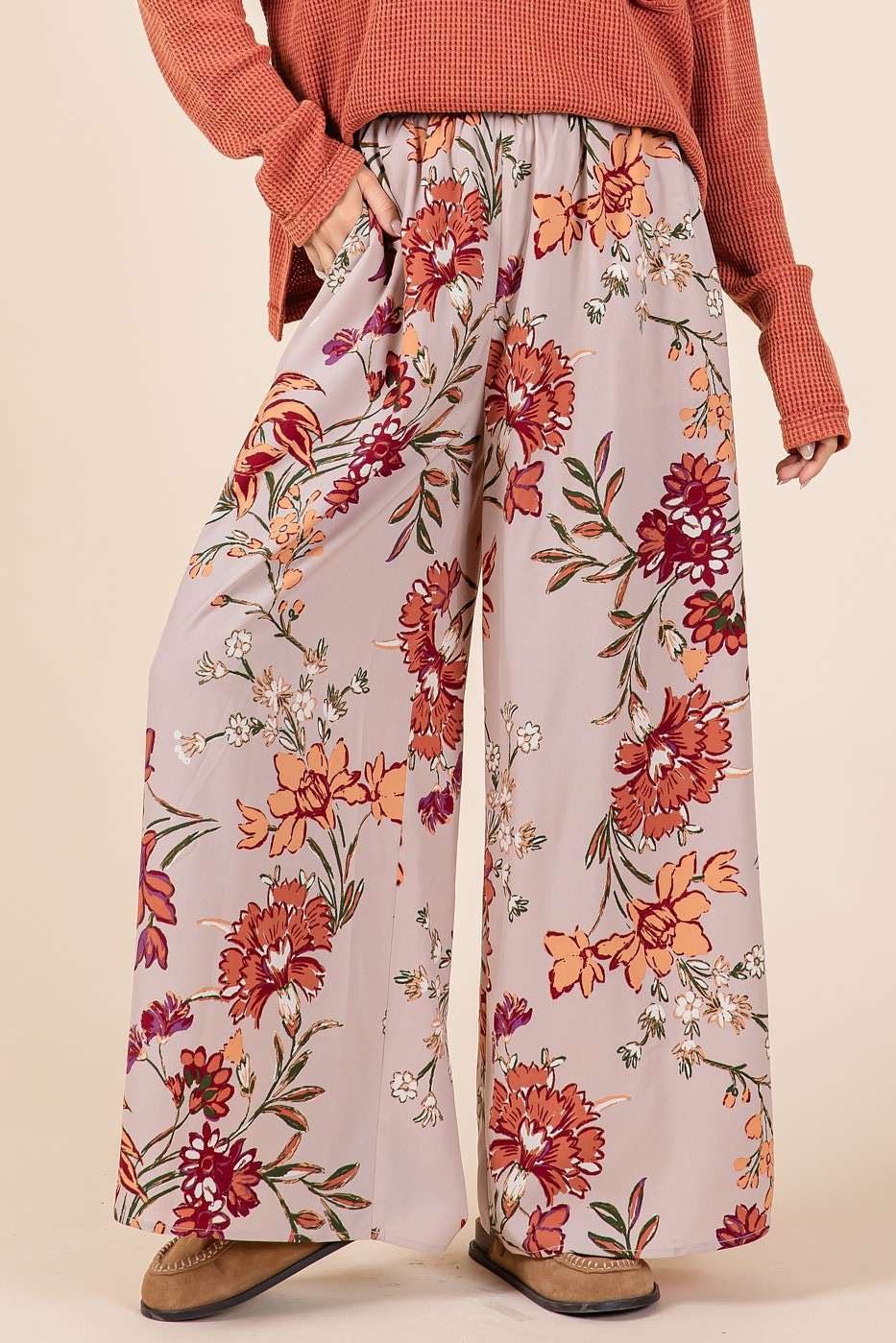 mittoshop - FLOWER PRINT ELASTIC WAIST MID RISE WIDE LEG PANTS