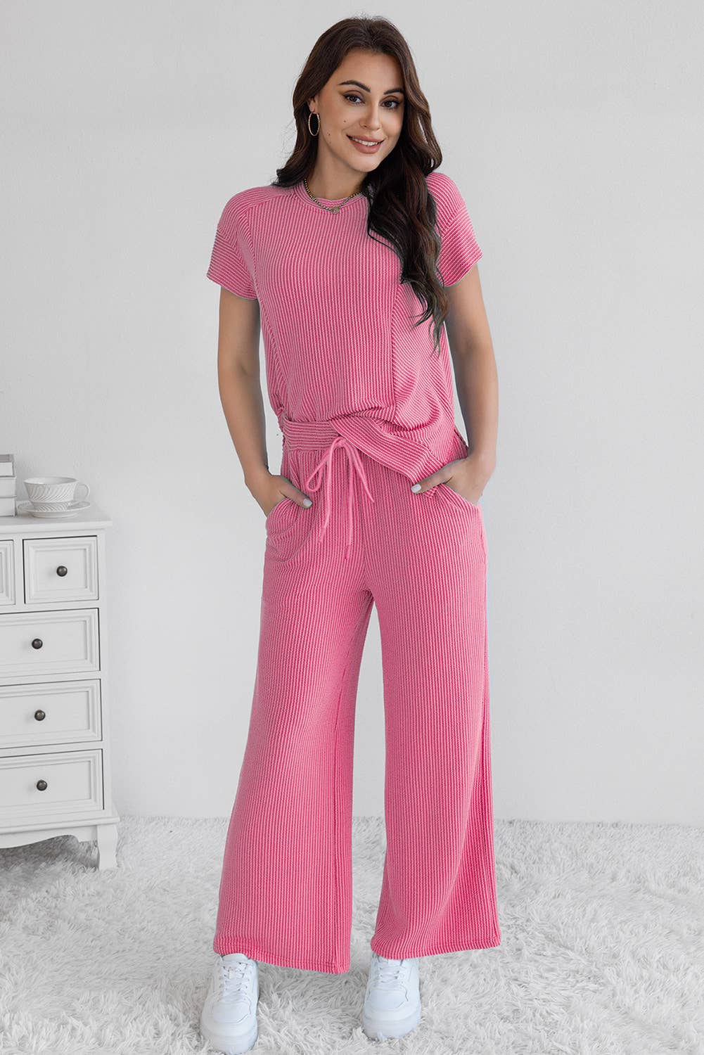 Cable Knit Short Sleeve T Shirt and Wide Leg Pants Set