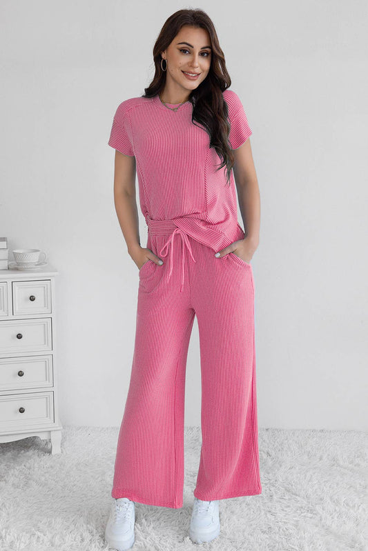 Cable Knit Short Sleeve T Shirt and Wide Leg Pants Set