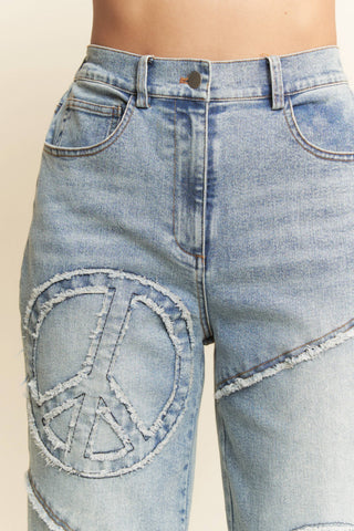 Davi & Dani plus size light denim straight fit stretch pants with peace patch graphic - The White Willow Boutique, Huntington WV