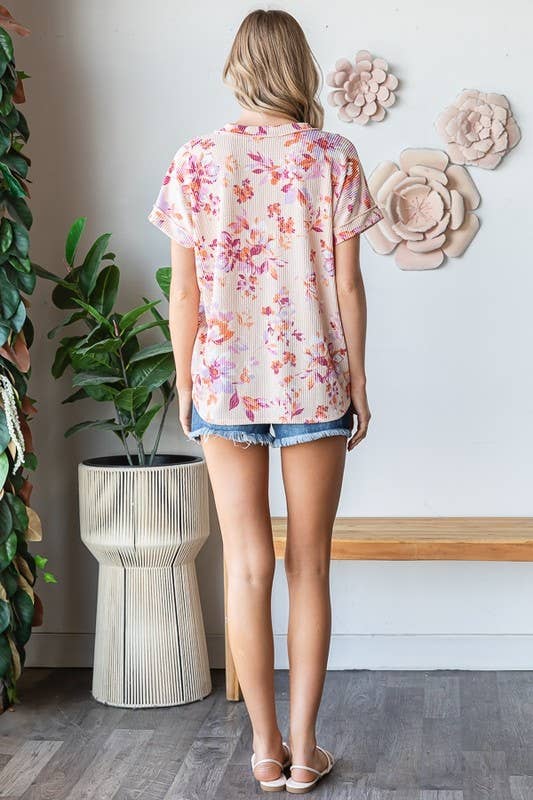 HEIMISH - ET7795-13 SHORT SLEEVE V NECK URBAN RIBBED FLROAL PRINT TOP