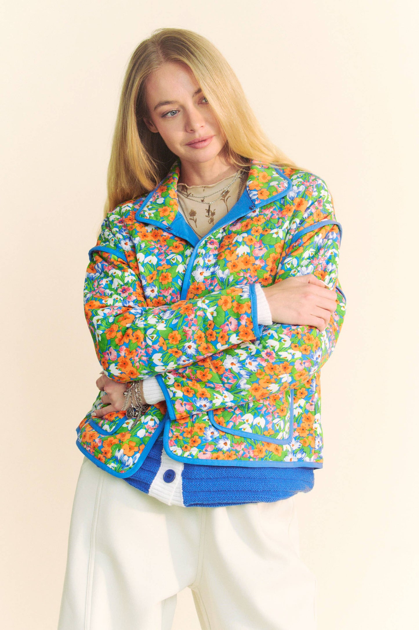 Davi & Dani - RETRO FLORAL PRINT CONTRAST BINDING PADDED JACKET