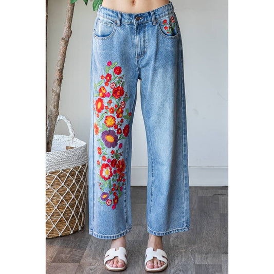 Oli&Hali - WASHED FLOWER EMBROIDERY DENIM JEANS
