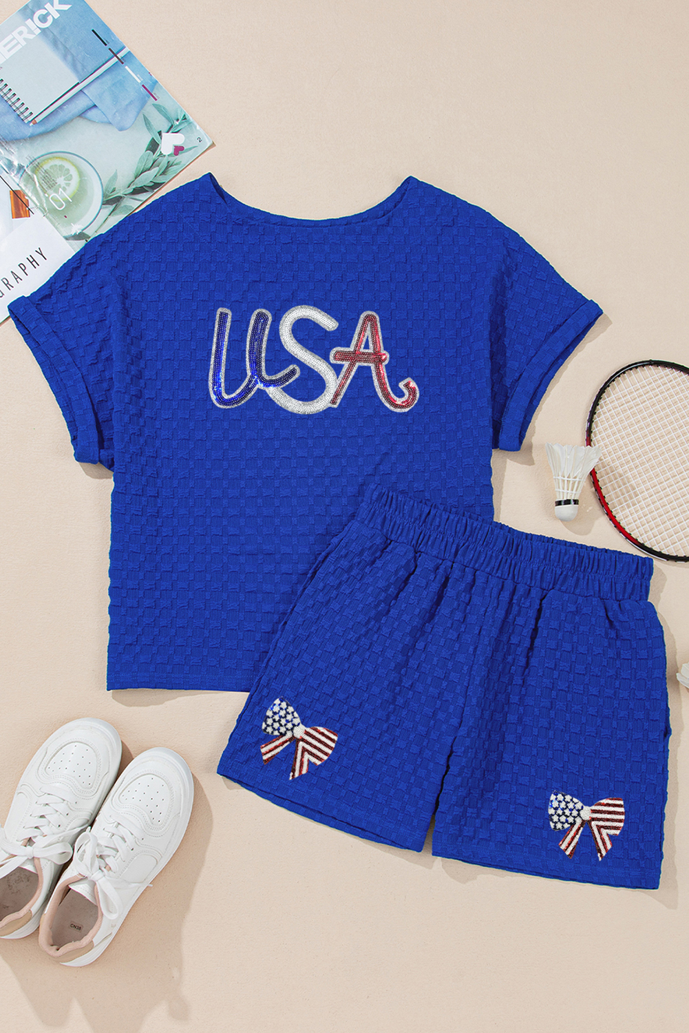LA Society - Sequined USA Bowknot Buttoned Back Textured Short Set