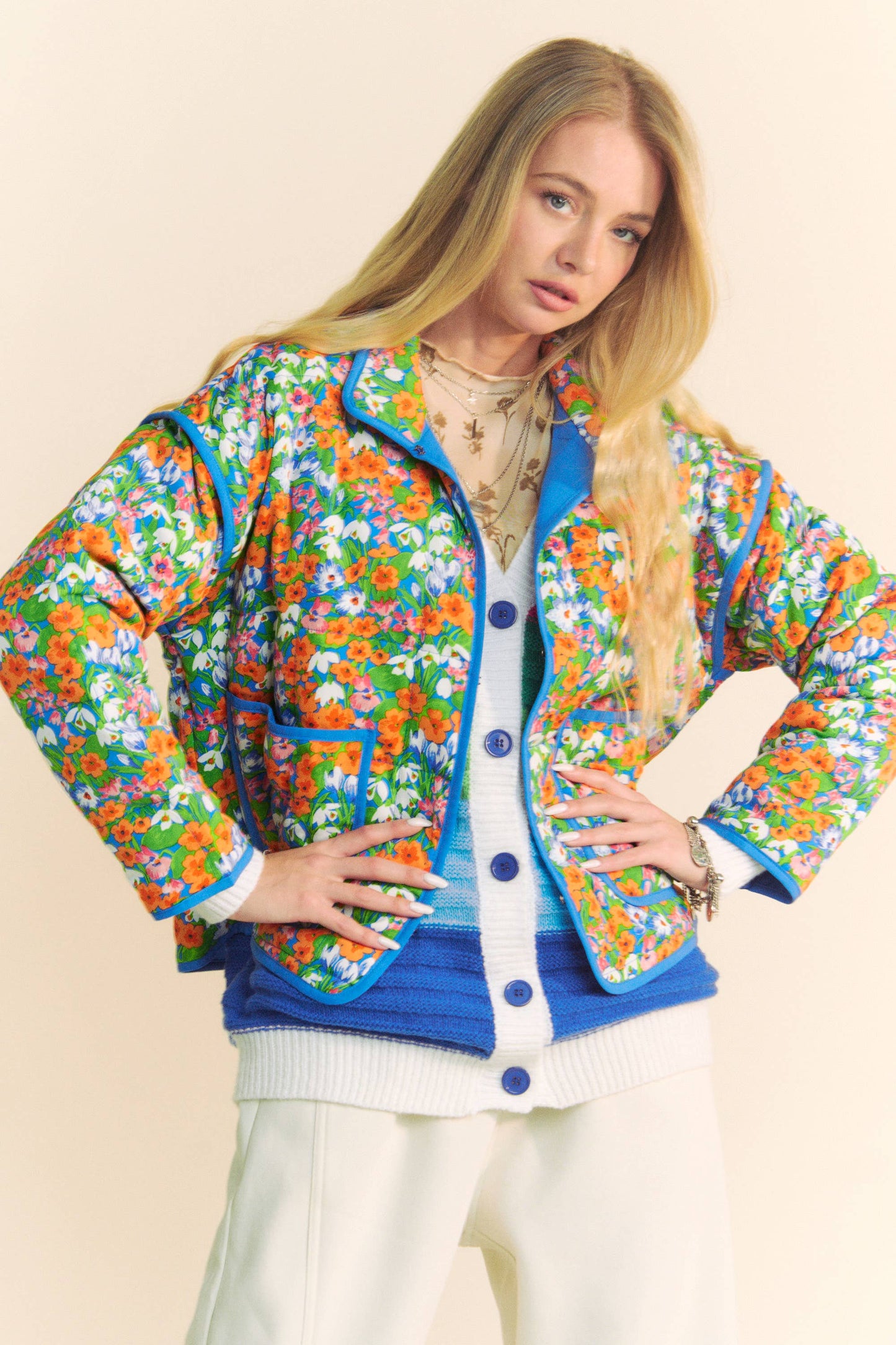 Davi & Dani - RETRO FLORAL PRINT CONTRAST BINDING PADDED JACKET