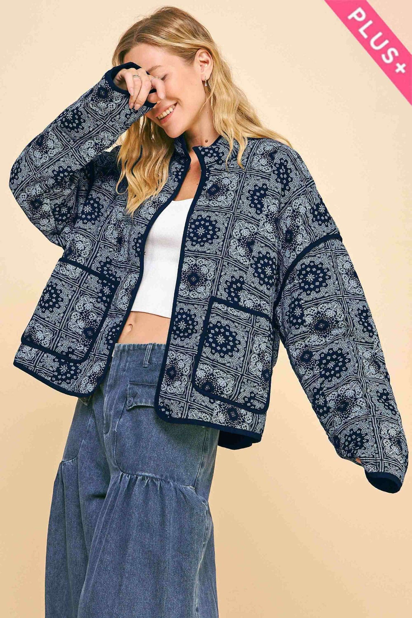 Davi & Dani - PLUS QUILTED BANDANA HIGH NECK LOOSE FIT JACKET