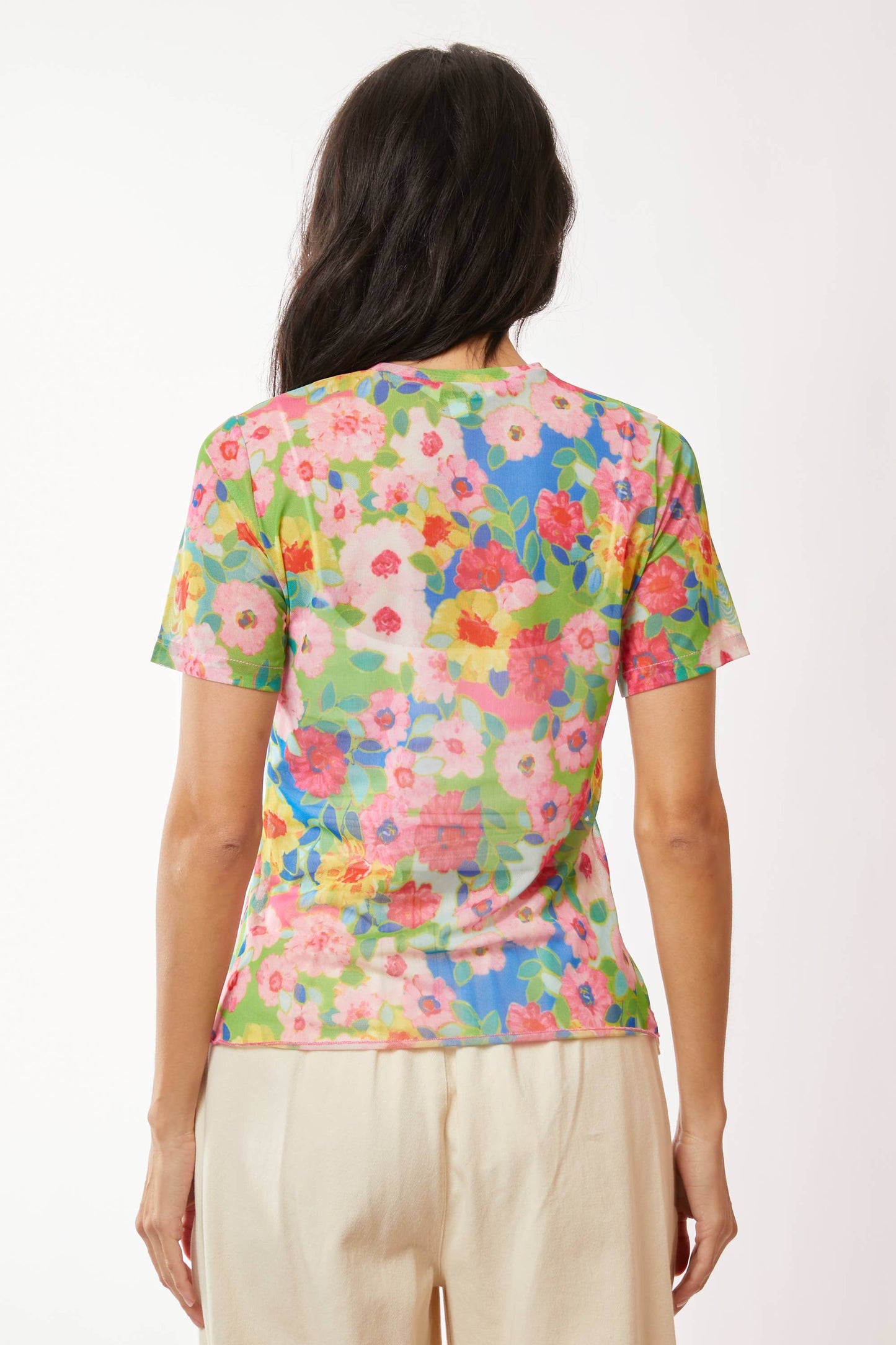 Davi & Dani - FLOWER PRINTED MESH SHORT SLEEVE TOP