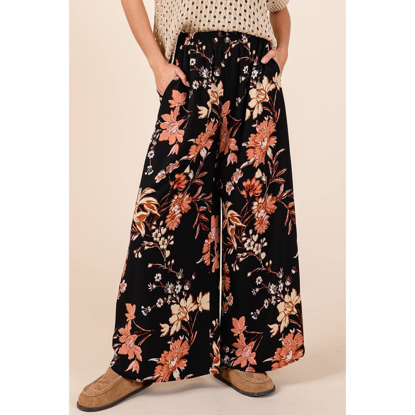 mittoshop - FLOWER PRINT ELASTIC WAIST MID RISE WIDE LEG PANTS
