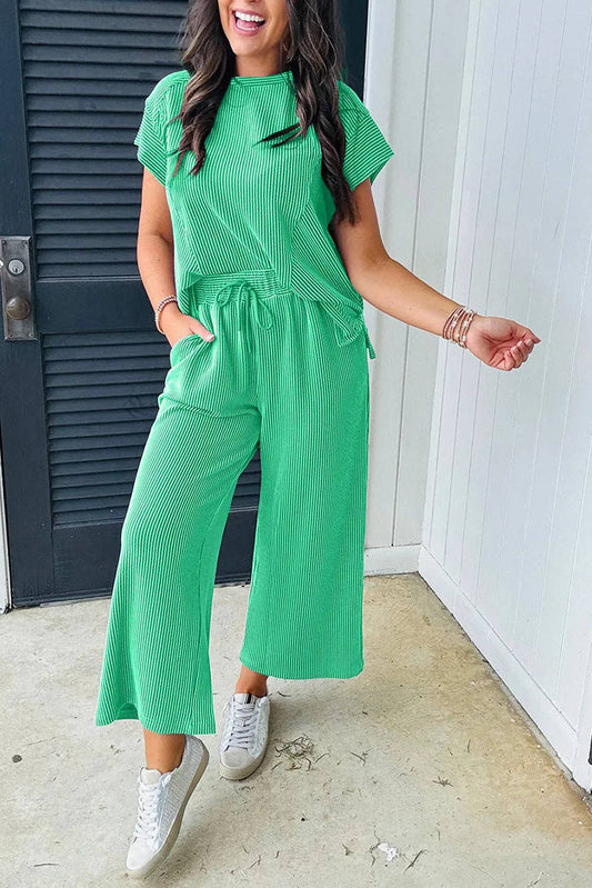Lovesoft - Solid Corded Knit Short Sleeve T Shirt and Wide Leg Pants Set