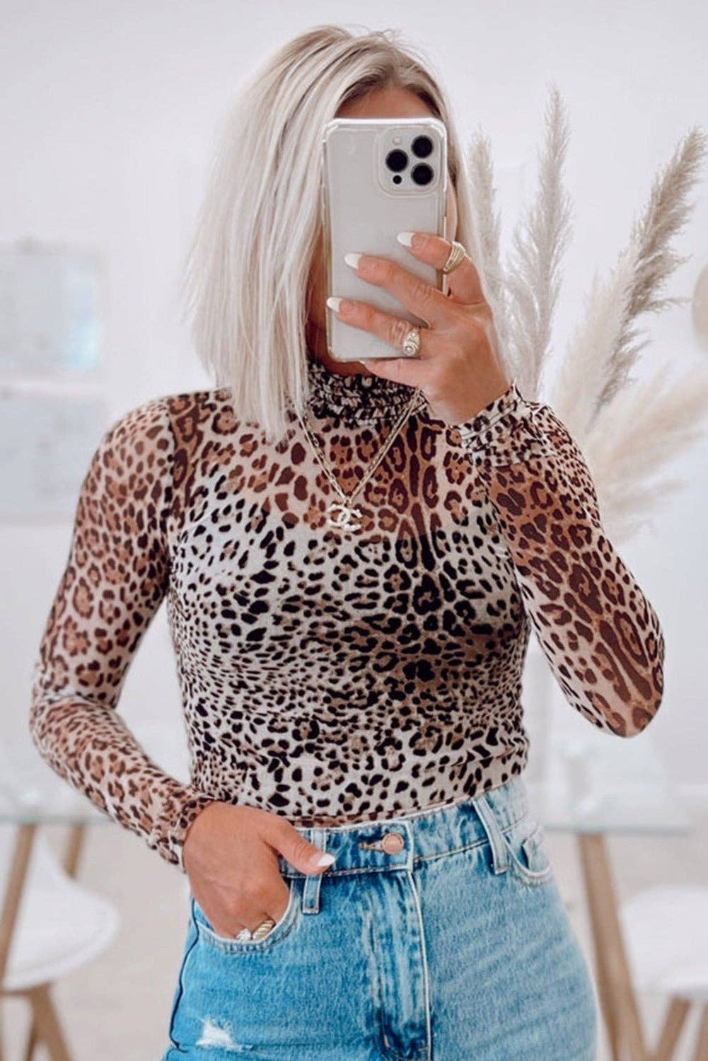 Lovesoft - Brown Leopard Smocked Neck Mesh Long Sleeve Bodysuit