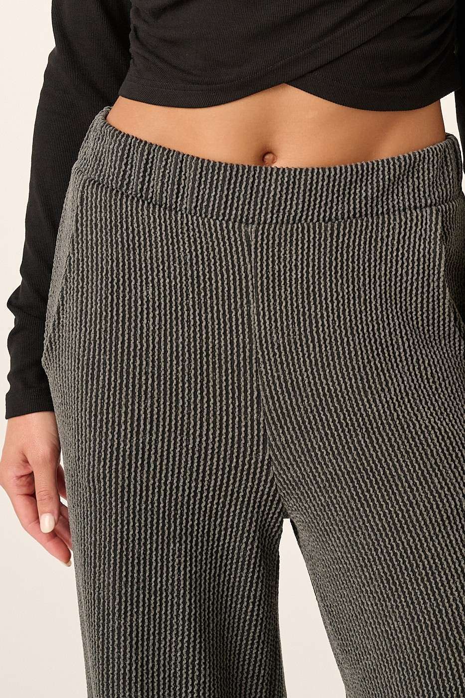 mittoshop - P9662-RIB KNIT TEXTURE ELASTIC WAIST WIDE LEG PANTS