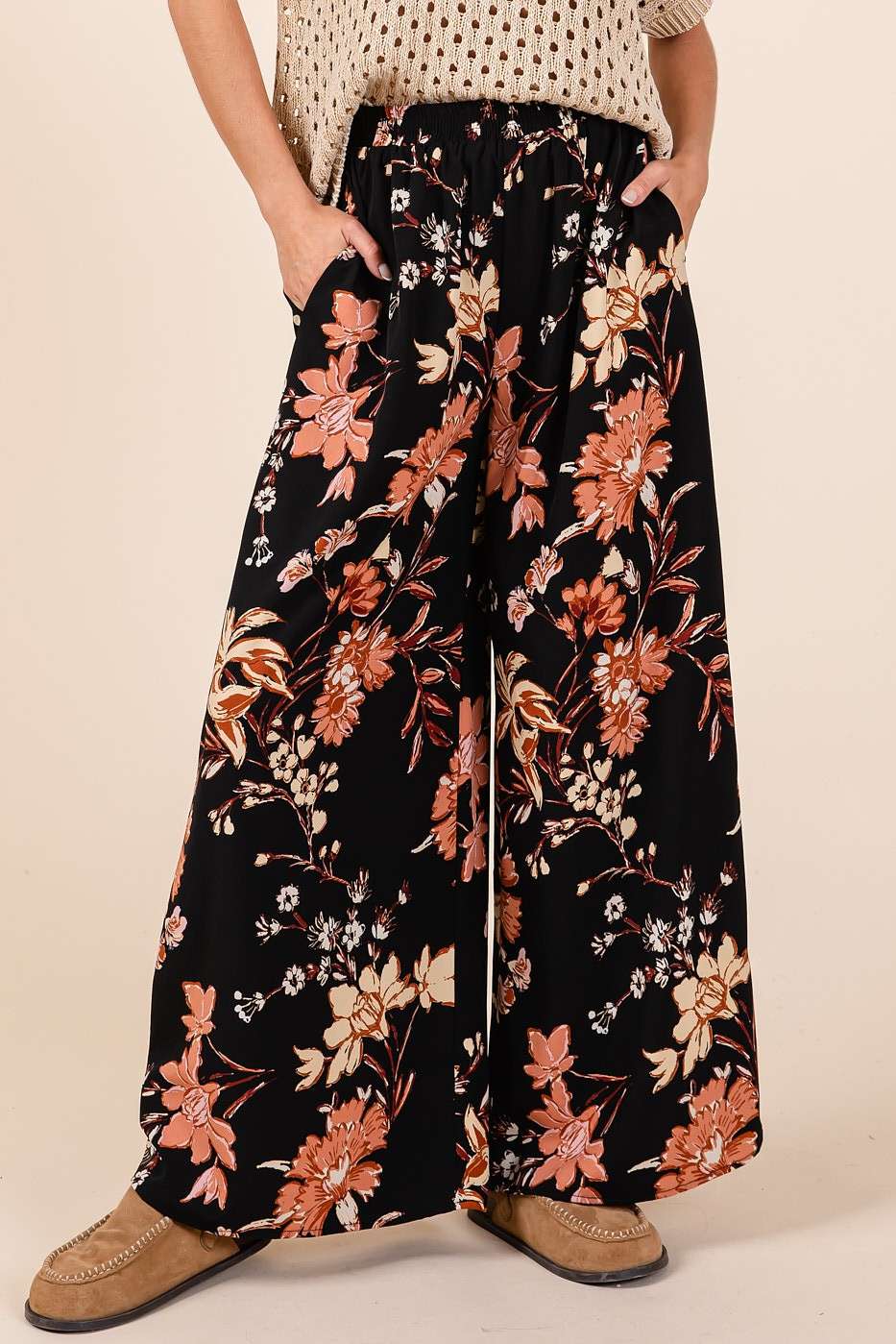 mittoshop - FLOWER PRINT ELASTIC WAIST MID RISE WIDE LEG PANTS