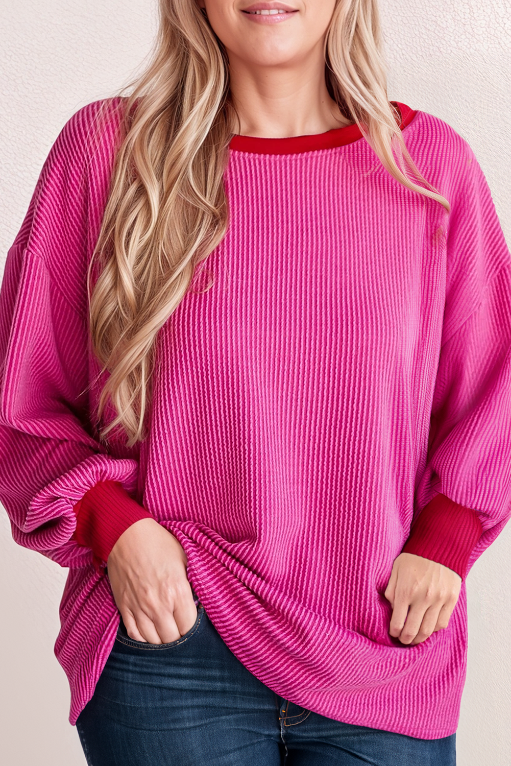66DISCO - Crewneck Striped Corded Contrast Drop Shoulder Top (S-XL)